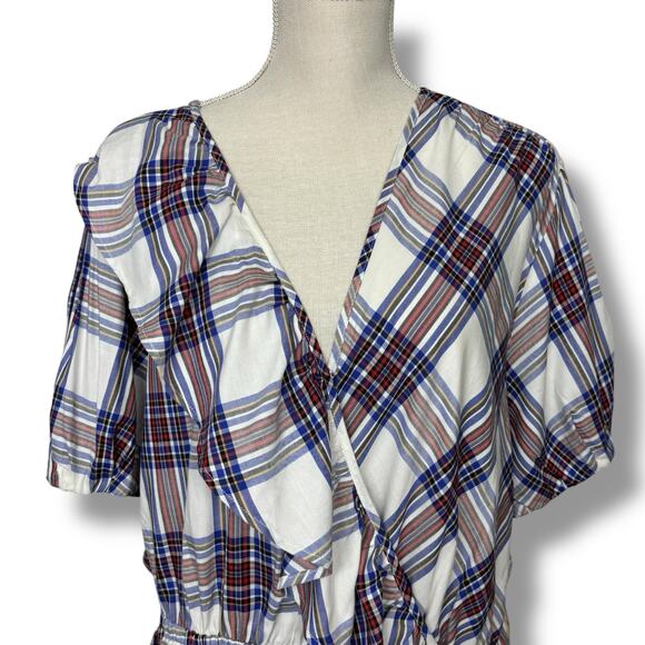 NWT Free Assembly White & Blue Plaid Wrap Top w/ Peplum Waist  with Ruffle XXXL - Picture 1 of 7